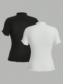 SHEIN Essnce Women's Summer Casual Basic All-Match Half High Collar Wave Edge Ribbed 2 Packs T-Shirt,2 Packs - Black and White - View 3