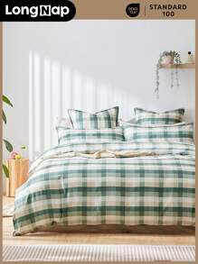 LongNap™ 3-teiliges Bettbezug-Set im Premium Gingham Preppy Stil, dicker Stoff mit 95GSM, angenehmes und atmungsaktives Gefühl für heiße Schläfer, ideal für Schlafzimmer oder Studentenwohnheime, Bettbezug mit Knöpfen und 8 Eckbändern *1, Kissenbezug *1/2, Grün