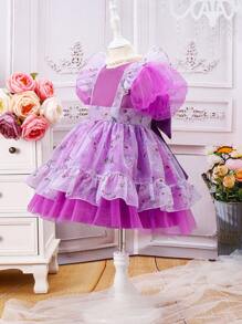 SHEIN 少女花卉印花拼接蓬蓬袖連衣裙 - 紫色 - 查看 6