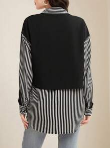 EMERY ROSE Striped Patchwork Drop Shoulder Shirt,Long Sleeve Tops Fall Cloth For Women