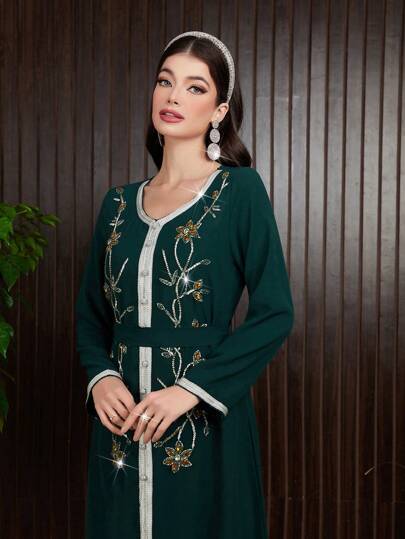 Al Najma 女士水晶装饰编织腰带拼接优雅卡夫坦连衣裙，优雅晚会连衣裙