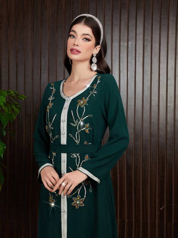 Al Najma Women's Crystal Decorated Woven Belt Patchwork Elegant Kaftan Dress, Elegant Evening Party Dress