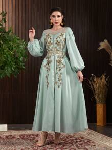 Modelyn Flower Embroidered Lantern Sleeve Net Patchwork Arab Dress Eid Dress - Green - View 3