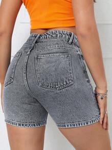 SHEIN Privé Slim Fit Mid Waist Denim Shorts - Grey - View 2