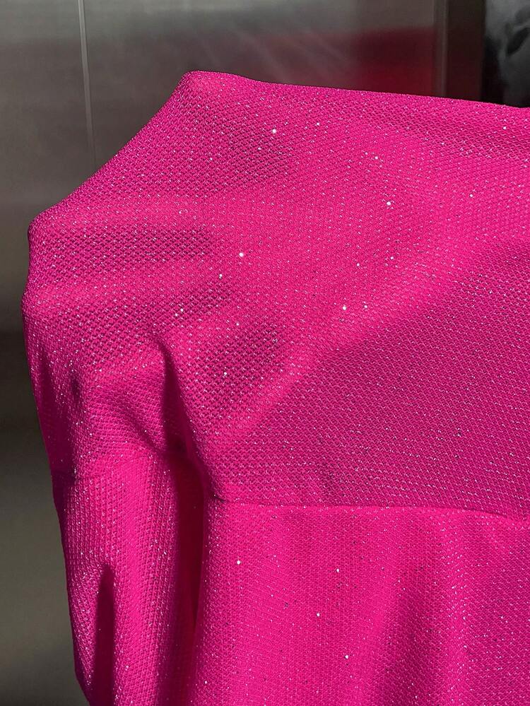 Valentine's Day Round Neck, Long Sleeves, Slit Cuffs, Slit Hem, Twisted Cropped Women's Ribbon, Mid-Front Gathers, Tight Mid-Length Dress, Rose Red Glitter Knitted Mesh Dress