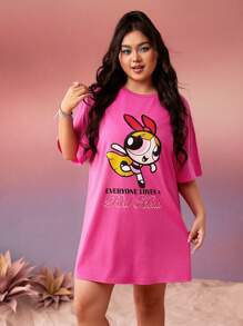 THE POWERPUFF GIRLS X SHEIN Váy hở vai họa tiết hoạt hình mùa hè Plus - Màu Hồng Tươi - Xem 8