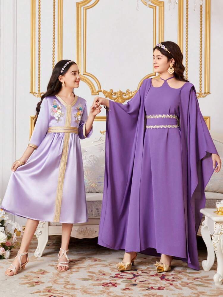 Tween Girls' Body-Con V-Neck Dress With Cute Patchwork And Decorative Ribbon, 3/4 Sleeves