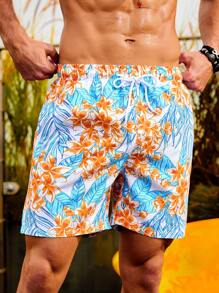Surfspeed Men's Floral Print Beach Shorts With Slanted Pockets - Baby Blue - View 5