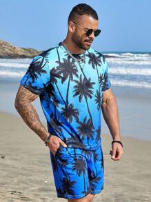 Genlund Men's Plus Size Coconut Tree Print Ombre T-Shirt And Shorts Set - Multicolor - View 3