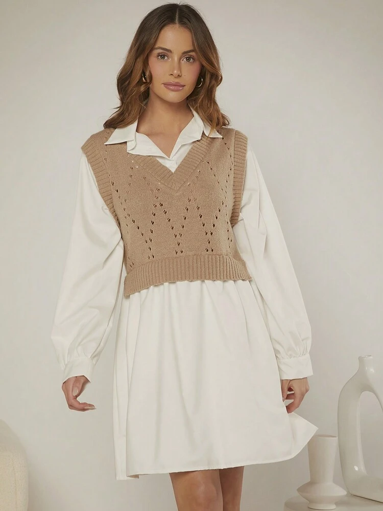 2 In 1 Casual Vest Overlay Collared Shirt Dress