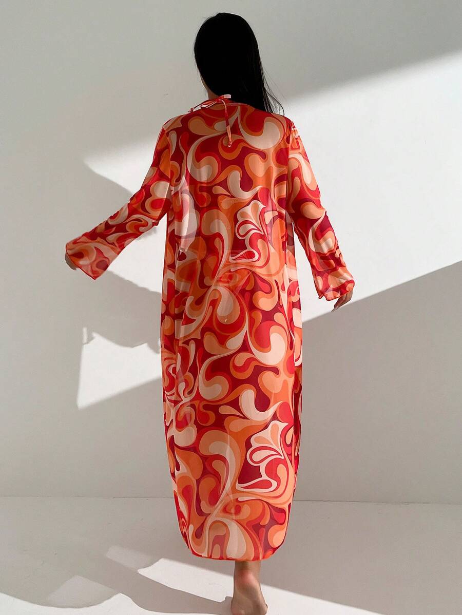 SHEIN Swim Random Printed Knotted Side Bikini Set + Kimono Cover Up Summer - Multicolor - View 1