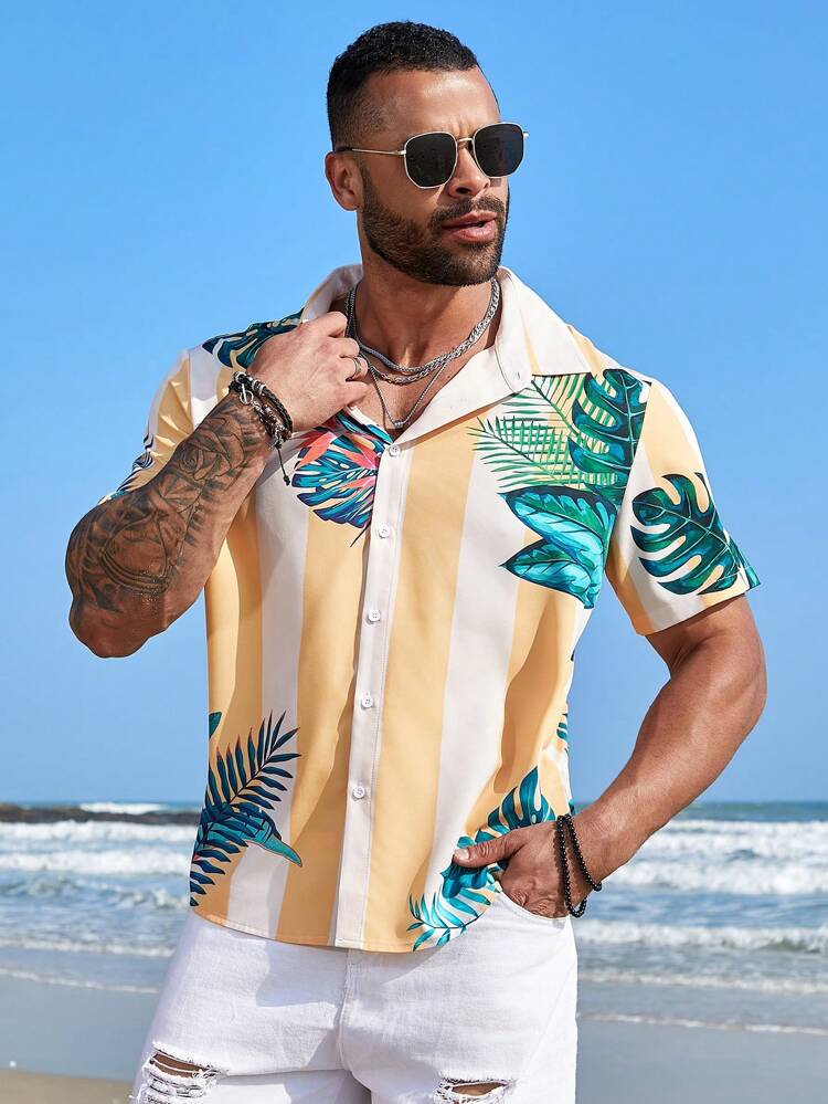 Camicia A Manica Corta Stampa Tropicale Con Righe Colorate Per Uomo Di Taglia Grande