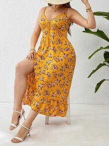 Breezaya Kích thước lớn Của phụ nữ Hoa In Dây đeo Mì Ý  Bên Viền mép Đầm - Màu vàng - Xem 4