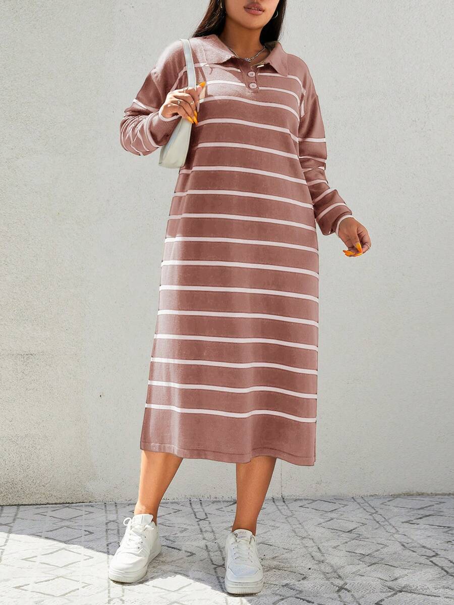 SHEIN Cottnline Plus Size Striped Drop Shoulder Sweater Dress - Dusty Pink - View 1
