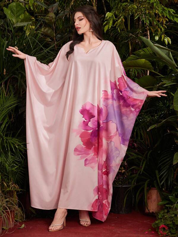 Al Najma Turkish Long Shirt With Large Floral Print And Batwing Sleeve