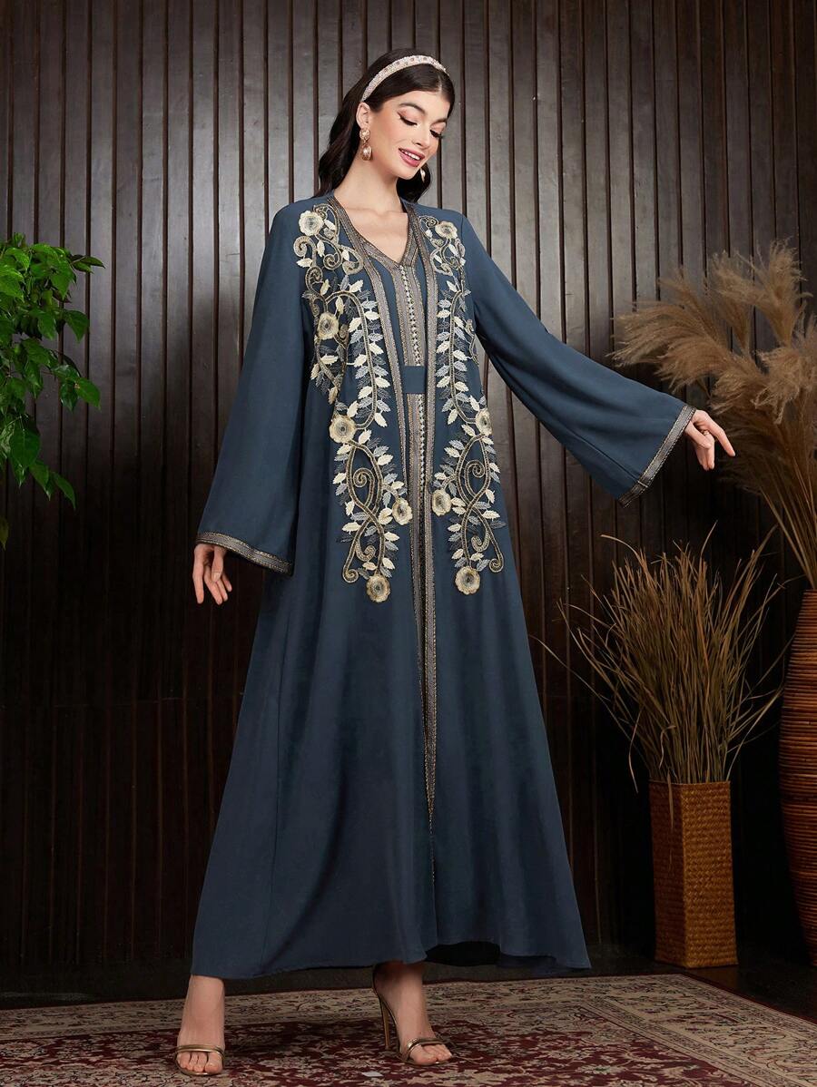Al Najma Women's Positioning Embroidery Jacket And Weave Trim Splicing Dress 2pcs/Set, Elegant Moroccan Kaftan, Muslim Fashion Abaya For Casual/Festival/Gathering/Travel