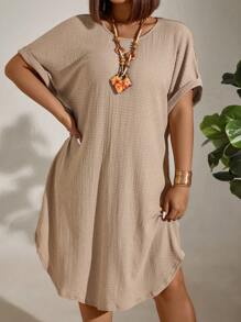 EMERY ROSE 大尺碼女款蝙蝠袖紋理緊身裙 - 杏色 - 查看 5