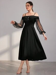 Modelyn Women's Hollow Out Shoulder & Mesh & Lantern Sleeve Dress