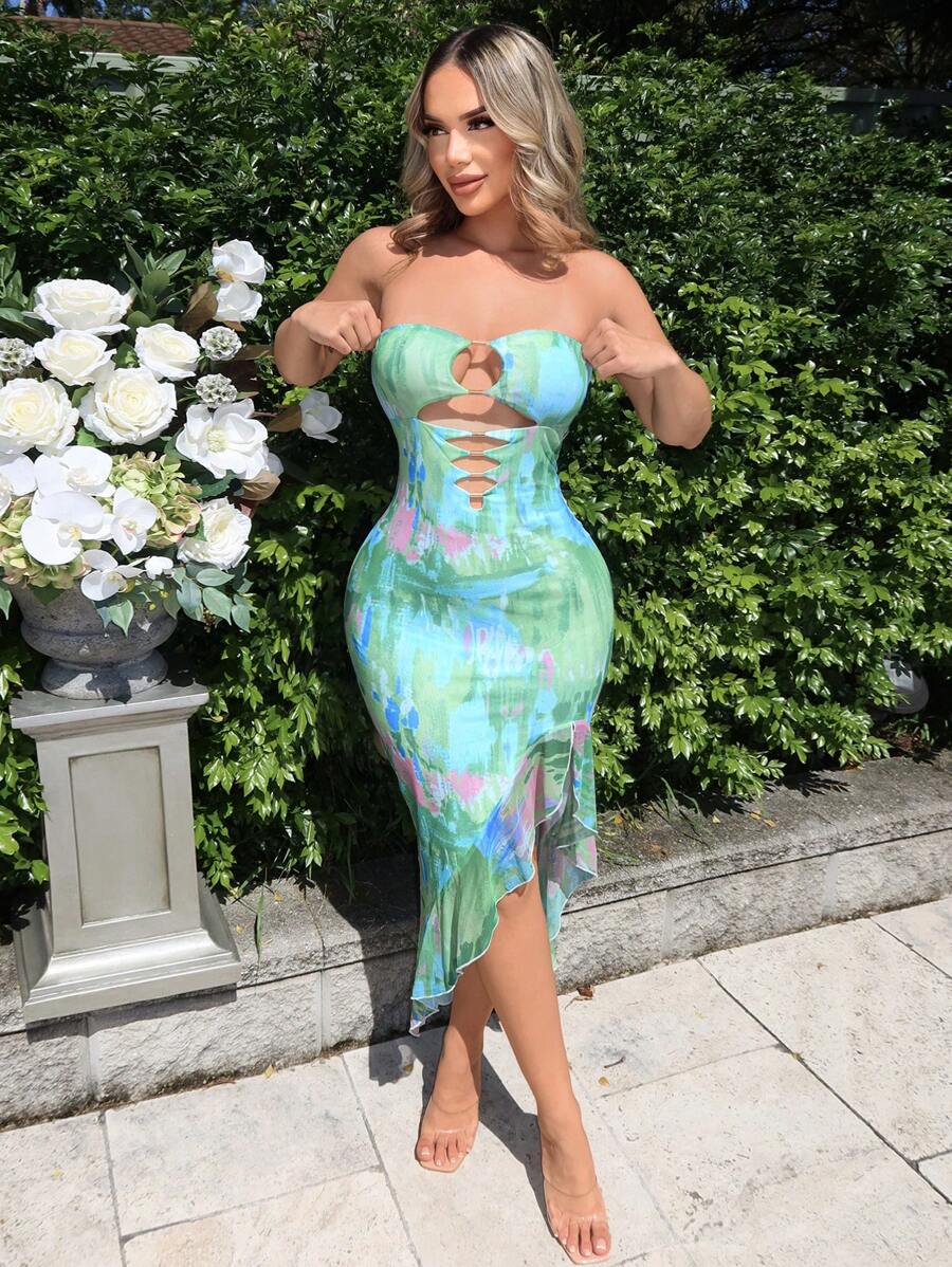 Spring Dress Women's Sexy Printed Off Shoulder Dress With Hollow Out Design, High Slit And Ruffle Hem For Vacation,Sundress - Multicolor - View 1