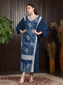 Al Najma Embroidery Applique V-Neck Batwing Sleeve Kaftan