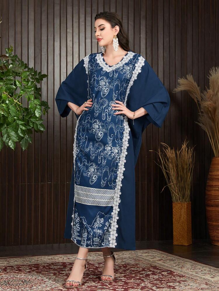 Embroidery Applique V-Neck Batwing Sleeve Kaftan