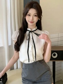 DAZY 纯色短袖蕾丝边系带泡泡袖女式衬衫夏季 - 白色 - 查看 5