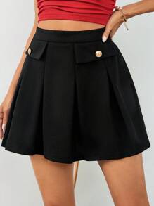 SHEIN Privé 女士夏季優雅/休閒/日常/約會/工作鬆身a字形紐扣裝飾黑色迷你裙 - 黑色 - 查看 4