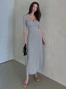 DAZY Women's Square Neck Half Button Front Short Sleeve Midi Dress Sundress