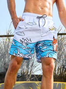 Manfinity Men's Cartoon & Wave Printed Beach Shorts With Slanted Pockets - Blue and White - View 1