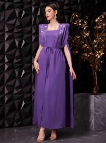 Modelyn Women's Cape Sleeve Dress With Rhinestone Decorations - Purple - View 3