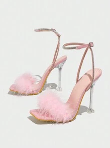 Sandalias de tacón alto de mujer con puntera cuadrada, correa de tobillo con hebilla perforada y decoradas con rhinestones. Transpirables, brillantes y apropiadas para el verano, color rosa para el Día de San Valentín - Rosa - Ver 4