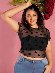 SHEIN CURVE+ Áo croptop cổ tròn xuyên thấu họa tiết trái tim cỡ lớn dành cho nữ - màu đen - Xem 5