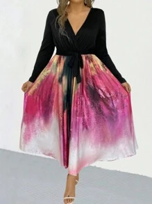 SHEIN Clasi Tay áo dài Nhuộm buộc Bọc Đường viền cổ áo Đầm - Màu Hồng Tươi - Xem 3