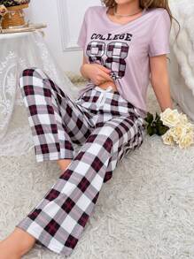 Women's Pajama Set With Slogan, Plaid And Print Design - Multicolor - View 2