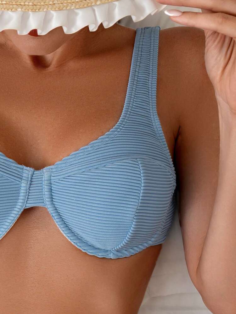 Summer Women's Solid Colored Textured Swimwear Set