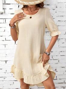 SHEIN LUNE Round Neck Bell Sleeve High-Low Hem Dress