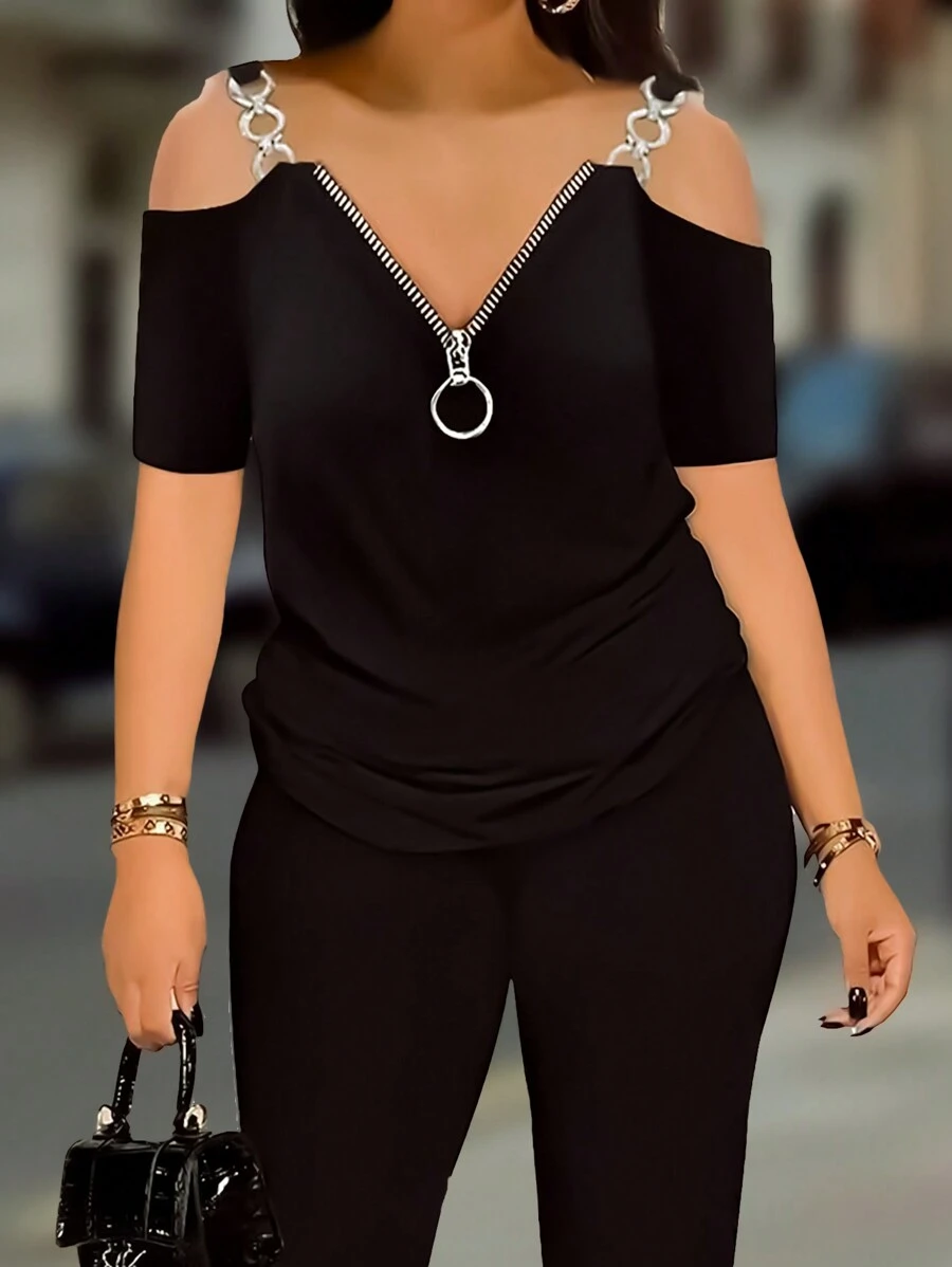 EMERY ROSE 大码纯色露肩上衣和紧身裤两件套 - 黑色 - 查看 1