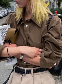 DAZY 女款純色常規領長袖寬鬆襯衫 - 棕色 - 查看 1