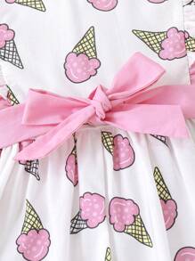 SHEIN 寶寶女孩可愛冰淇淋卡通圖案拼色無袖裙，饅頭邊飾和腰帶 - 粉色 - 查看 3