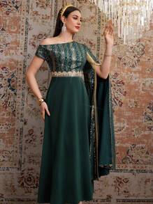 Modelyn 女士不对称领斗篷袖连衣裙，优雅晚会礼服长款晚礼服 - 綠色 - 查看 3