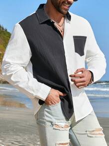 Manfinity Homme Men's Plus Size Black & White Spliced Shacket - Multicolor - View 3