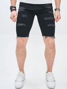 Manfinity LEGND Nam Kích thước lớn Thon gọn Rách Quần short Denim - màu đen - Xem 4