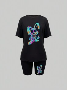 VaVaBold 女士卡通圖案短袖t卹和騎行短褲2片套裝 - 黑色 - 查看 3