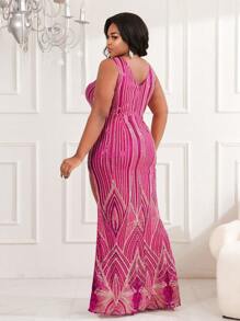 SHEIN Belle Plus Size Magenta Heavy Duty Evening Dress With High Side Slit - Red Violet - View 4