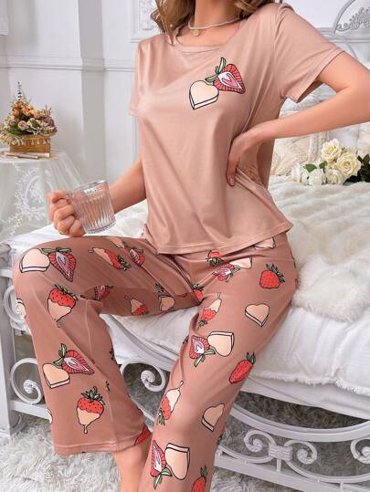 Ladies' Short Sleeve T-Shirt And Pants Pajama Set With Strawberry Print