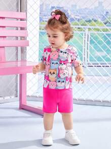 Baby Girl Cat Pattern T-Shirt With Shorts Set, Spring/Summer - Hot Pink - View 3