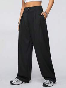 SHEIN Coolane Straight Leg Pants With Slant Pockets - Black - View 5