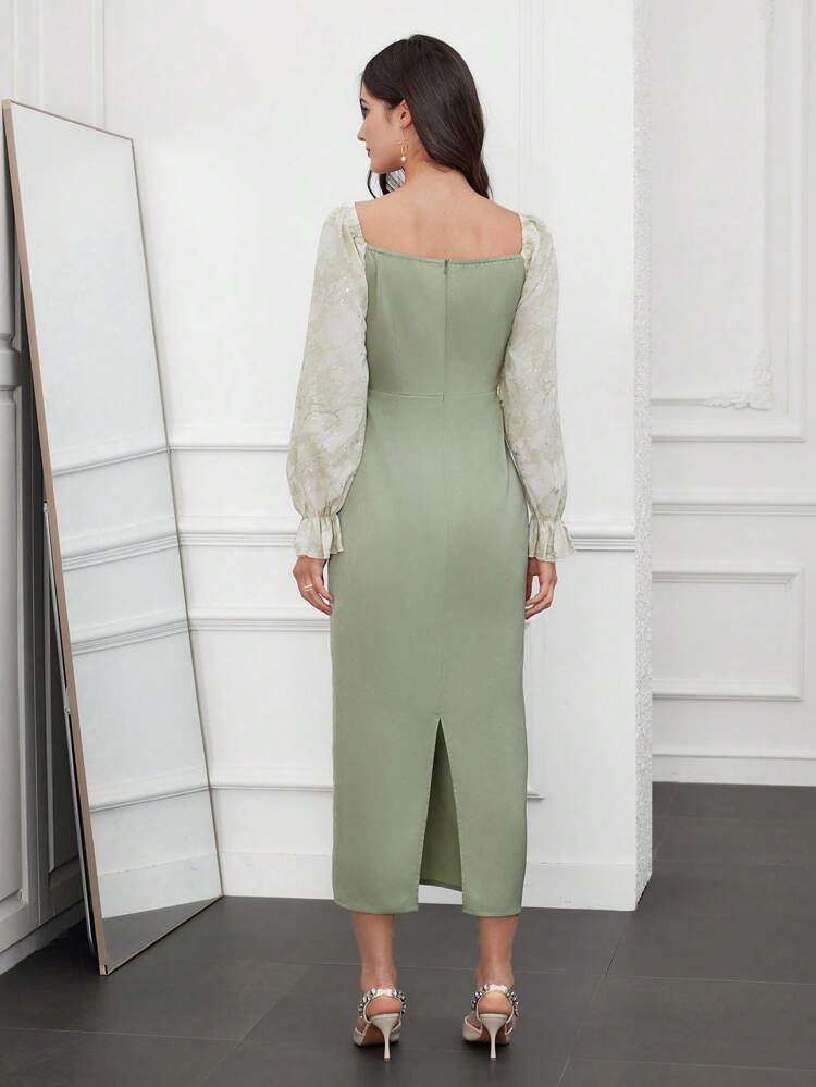 Women's Contrast Color Ruffle Sleeve Dress