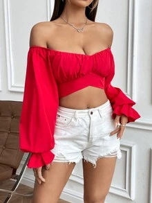 SHEIN WYWH 女士露肩鐘形袖短上衣 - 紅色 - 查看 6