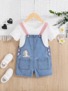SHEIN Young Girls' Lovely Pink Straps & Cute Printed Denim Dungaree Shorts - Light Wash - View 1